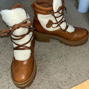 Women's Brown and Cream Fuzzy Boots
